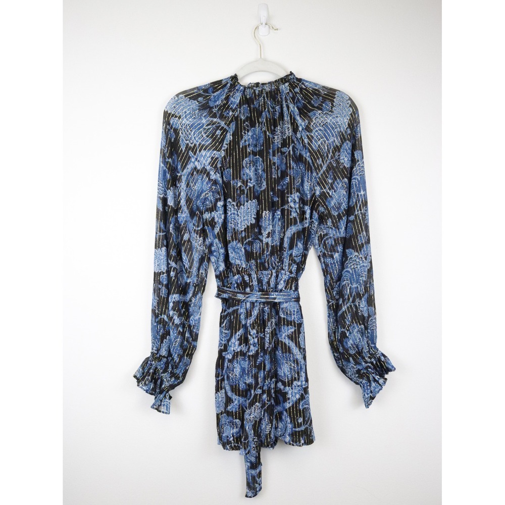 NWT Hemant and Nandita x Revolve Nitara Romper Large Floral Blue Black Belted - Picture 3 of 14